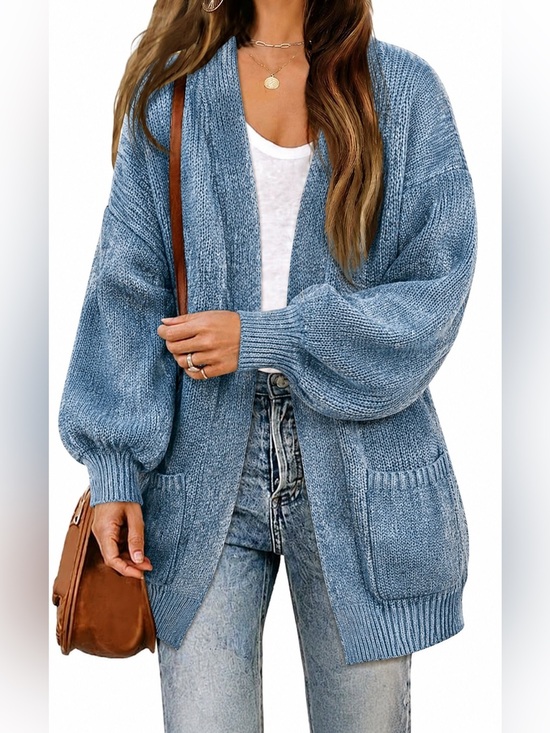 Impressions Sweaters - Impressions Boutique Dusty Blue Open-Front Knit Cardigan Puff Bubble Womens M/L